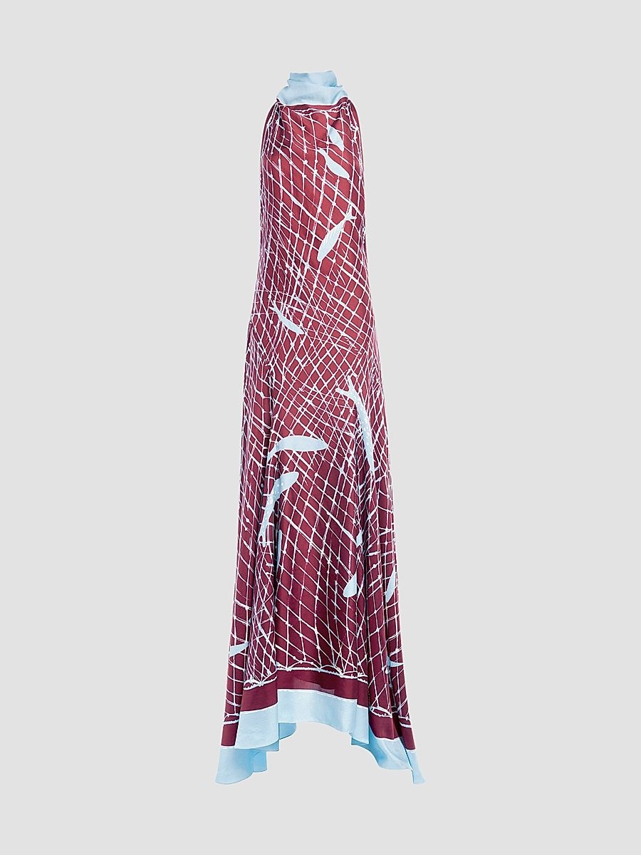 Women's Moonlight Printed Silk Maxi Dress - Grenache Fishnet - Size 12