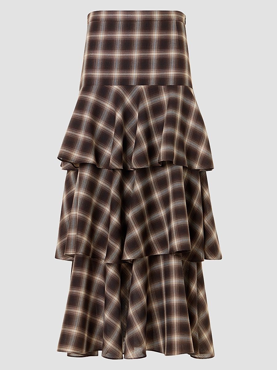 Women's Shelley Plaid Techno Wool-Blend Midi Skirt - Espresso Cashew - Size 12