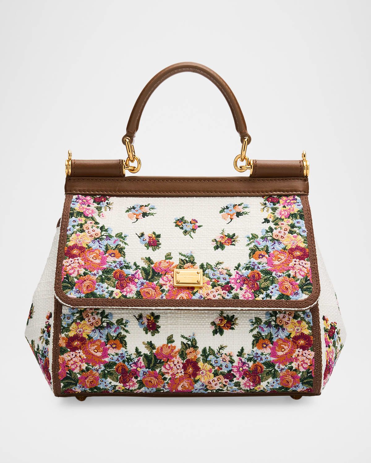 Sicily Woven Floral-Embroidered Top-Handle Bag