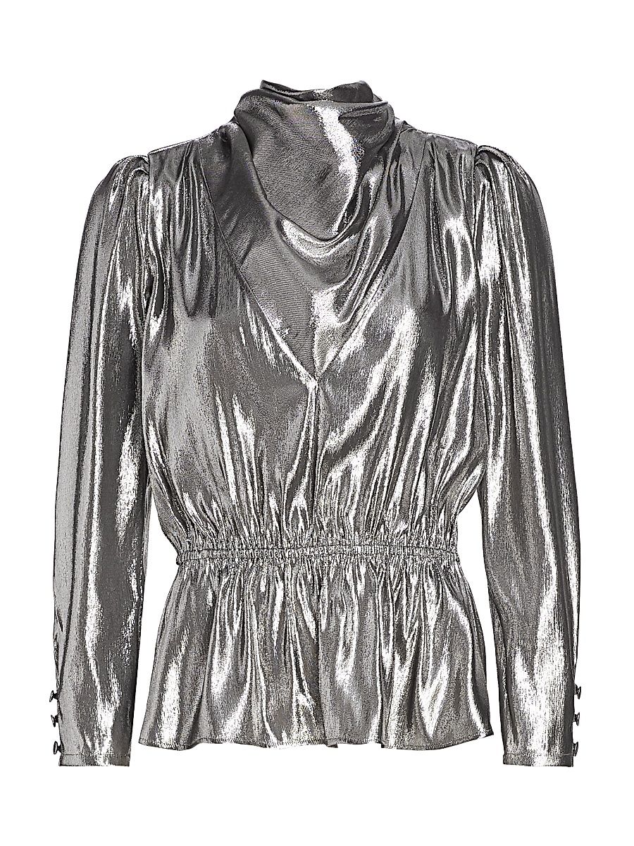 Women's Silk Lamé Cowl Front Peplum Top - Silver - Size 10