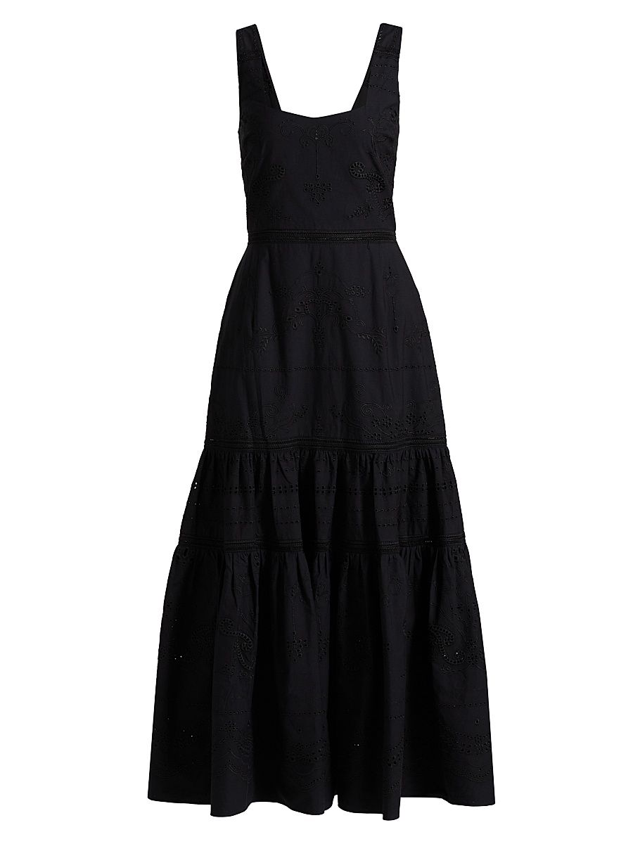 Women's Embroidered Cotton Sleeveless Tiered Maxi Dress - Black - Size 10