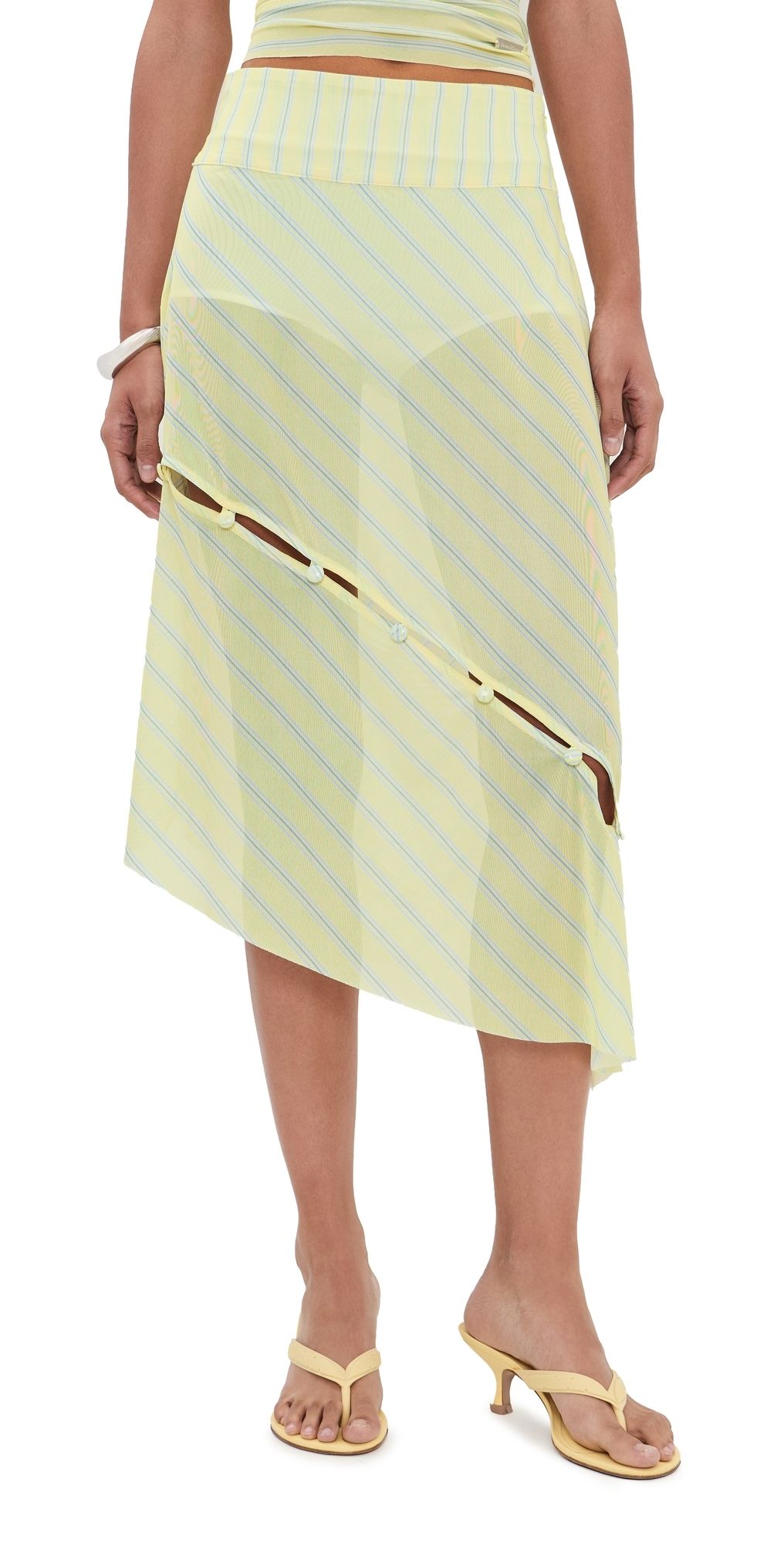House of Sunny Striped Mesh Asymmetric Skirt Butter 6