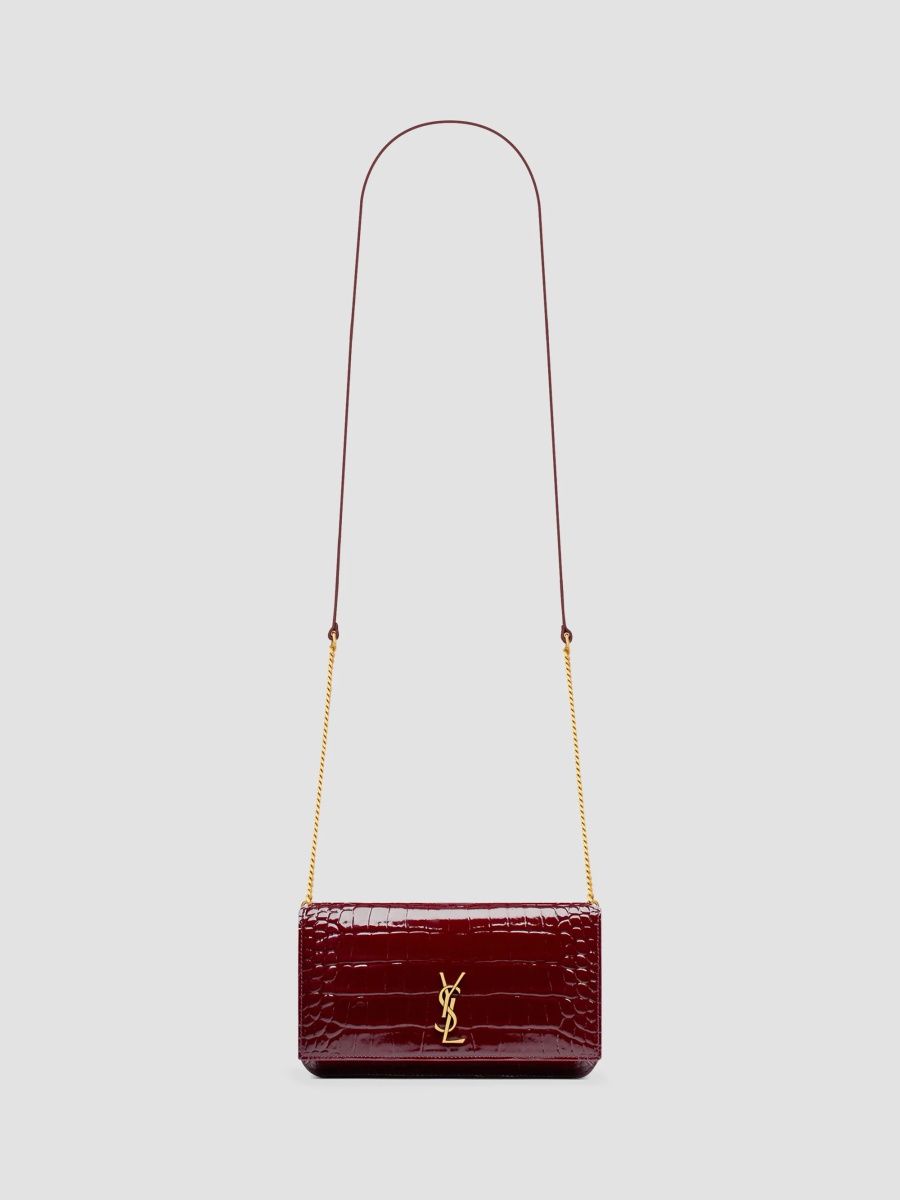 Saint Laurent Women's Cassandre Phone Holder in Crocodile-Embossed Patent Leather - Gloss Burgundy
