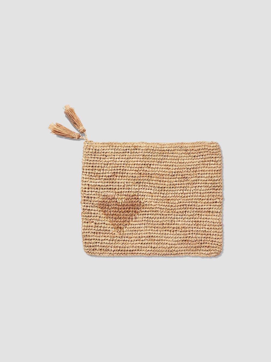 AERIN Large Heart Raffia Zip Pouch - Light Brown