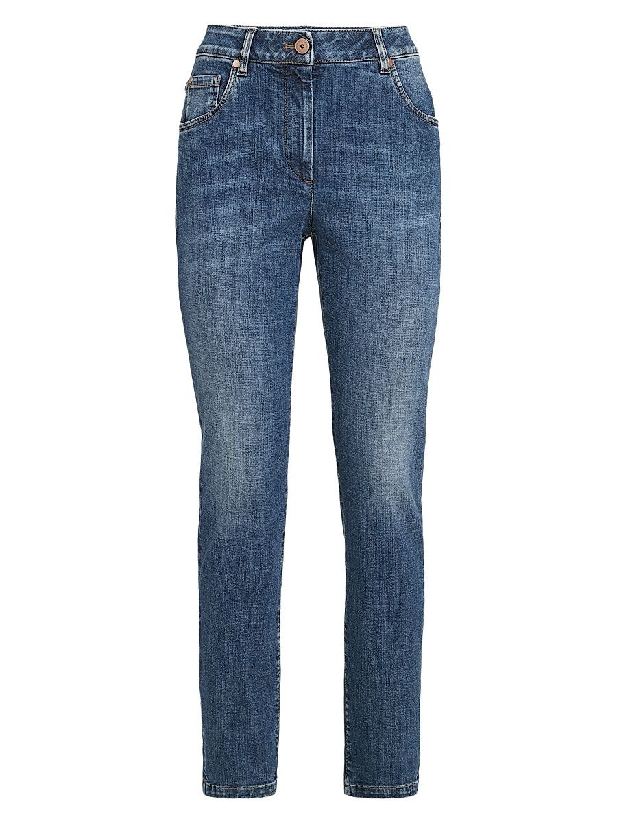 Women's Stretch Denim Slim Five Pocket Jeans with Shiny Leather Tab - Denim - Size 16