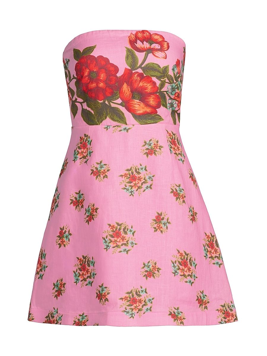 Women's Beatrix Floral Linen Strapless A-Line Minidress - Salmon Bouquet - Size 8