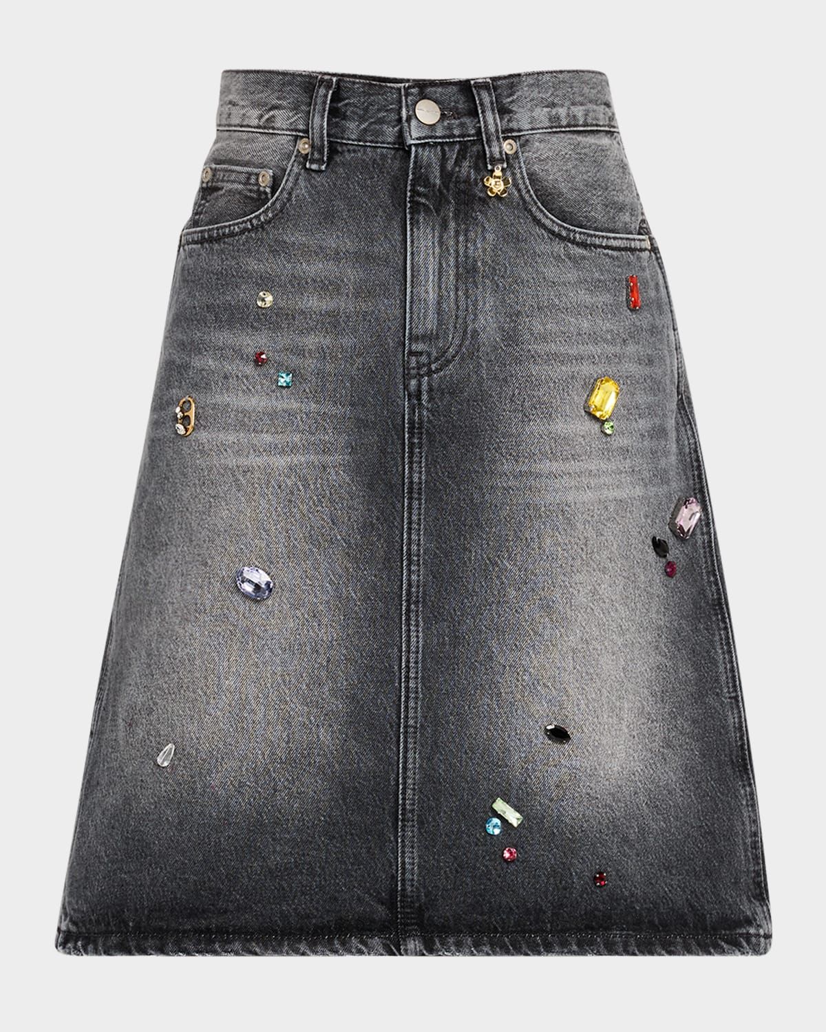 Charm Embellished Denim A-Line Skirt