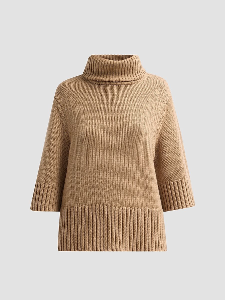 Women's Funnell Neck Knit Cashmere Sweater - Fawn - Size Large