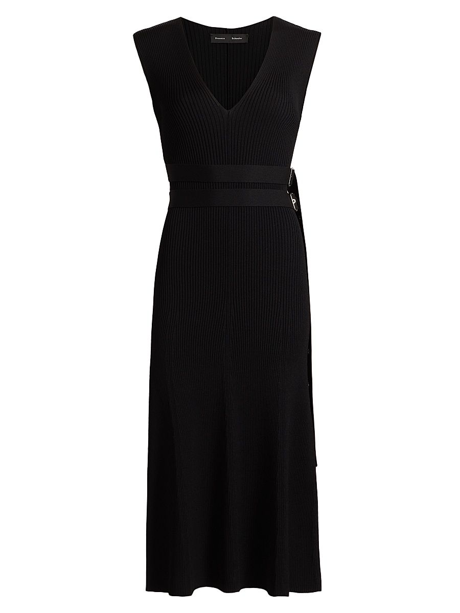 Women's Madeline Belted Rib-Knit Sweater Midi-Dress - Black - Size XL