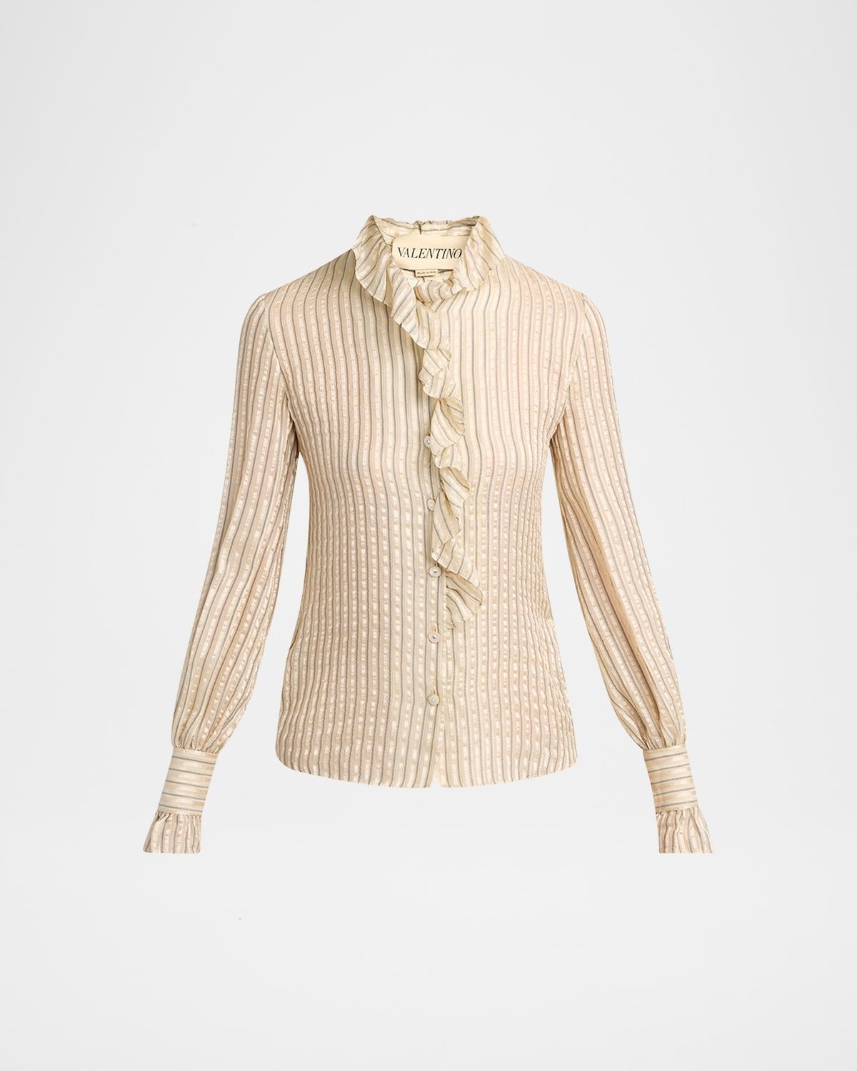 Metallic Striped Ruffle Button-Down Shirt