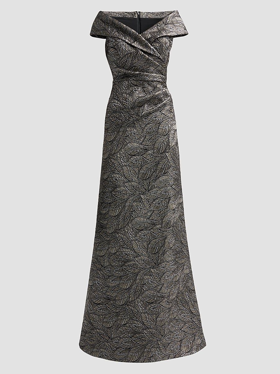 Women's Leaf Pattern Jacquard Off-The-Shoulder Gown - Platinum Multi - Size 16