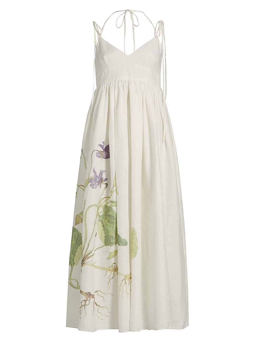 Women's Floral Linen Strappy Midi-Dress - Botanical Violet White - Size 8