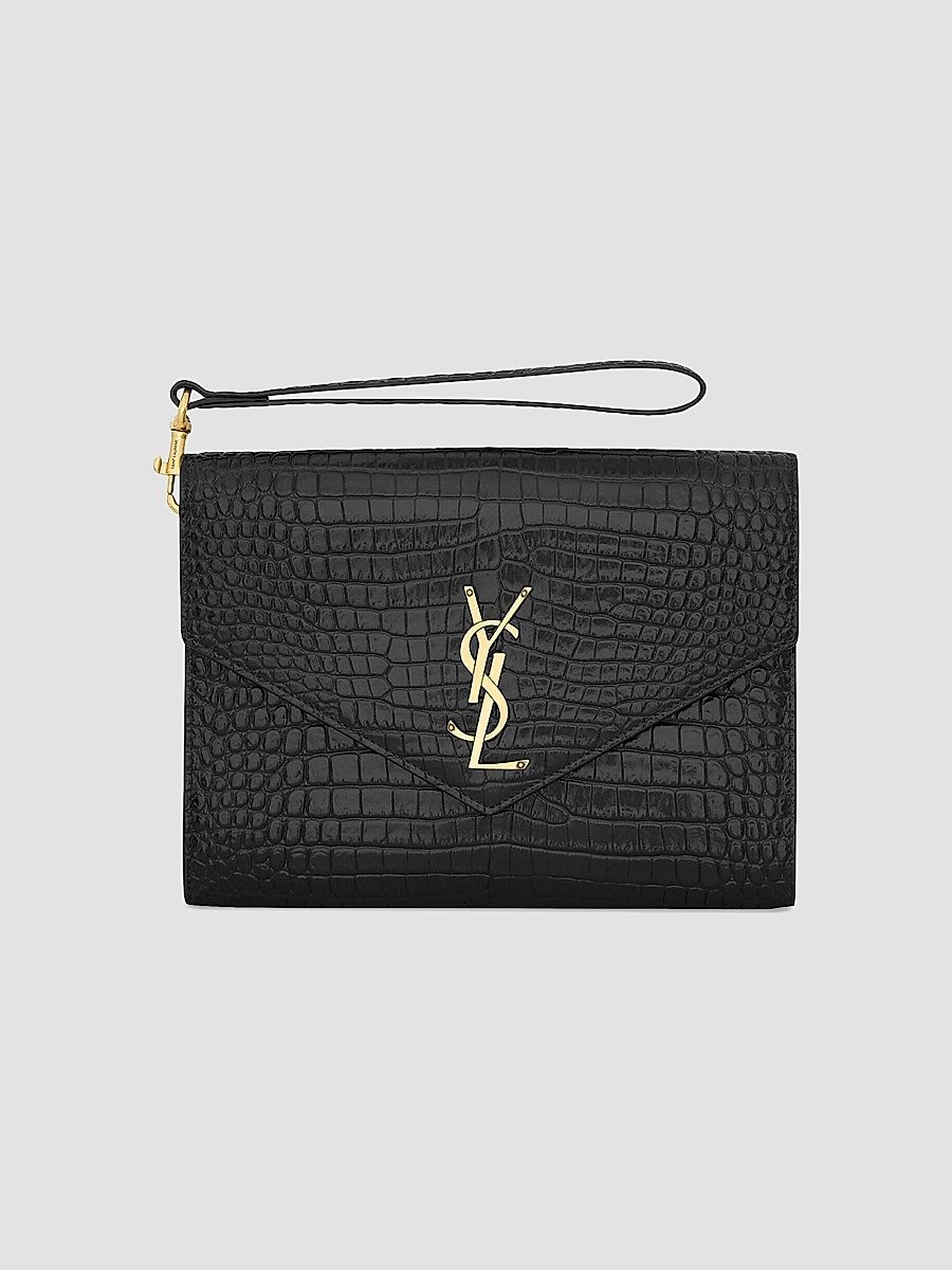Saint Laurent Women's Cassandre Flap Pouch in Crocodile-Embossed Shiny Leather - Nero