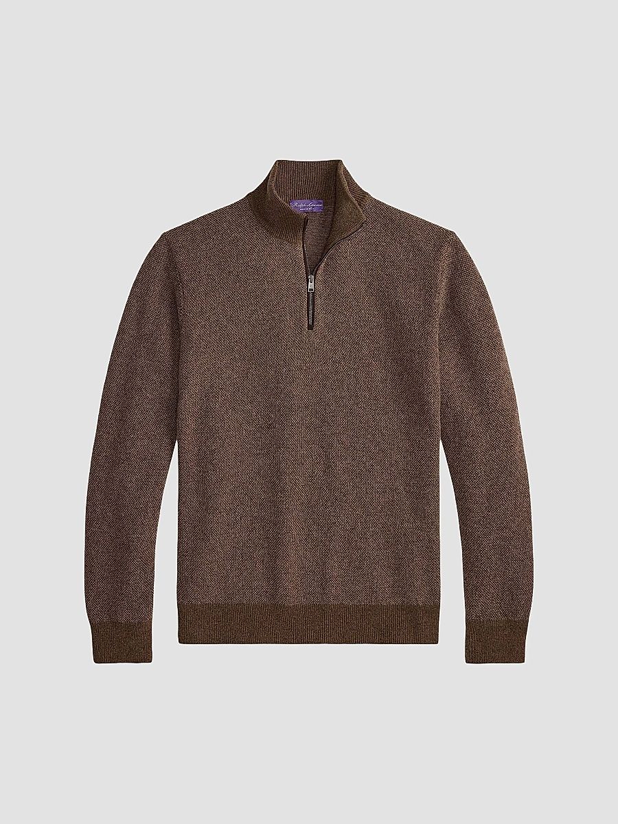 Ralph Lauren Purple Label Men's Cashmere Quarter-Zip Sweater - Taupe Multi - Size XL