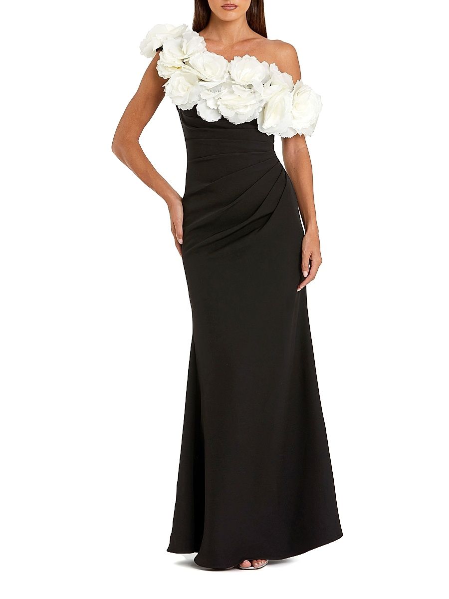 Women's Evening Floral Jersey Off-The-Shoulder Gown - Black Cream - Size 4