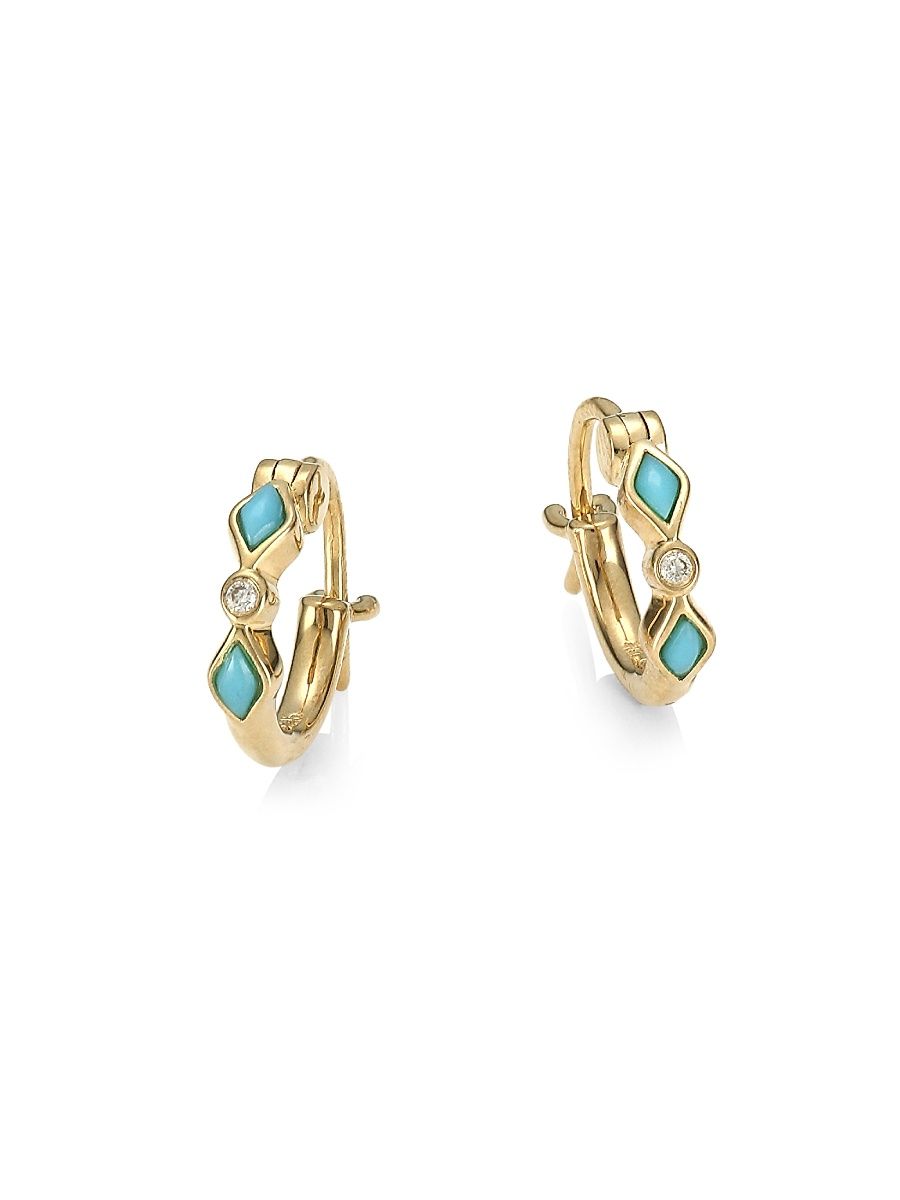 Women's Diamond & Turquoise 14K Yellow Gold Huggie Hoop Earrings