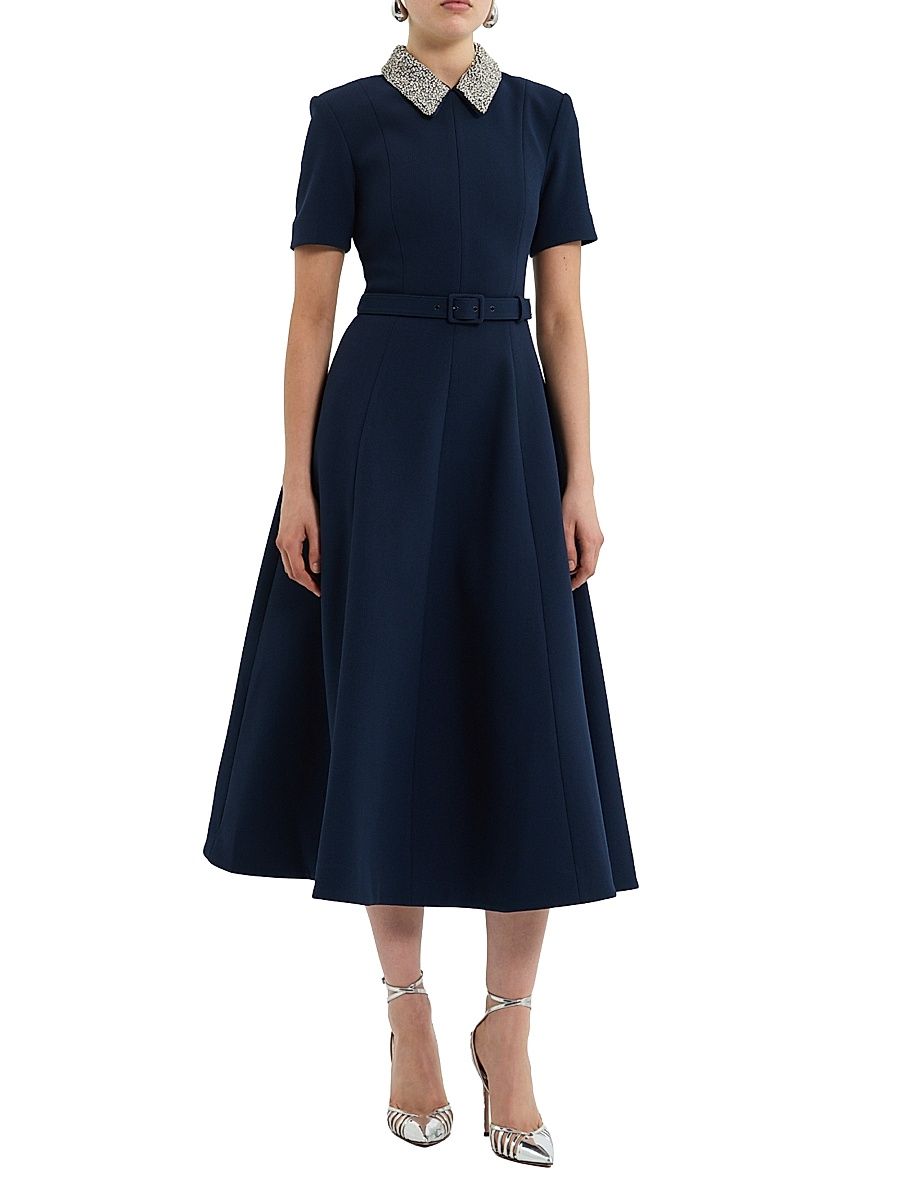 Women's Xena Embellished Stretch-Crepe Belted Midi-Dress - Navy - Size 6