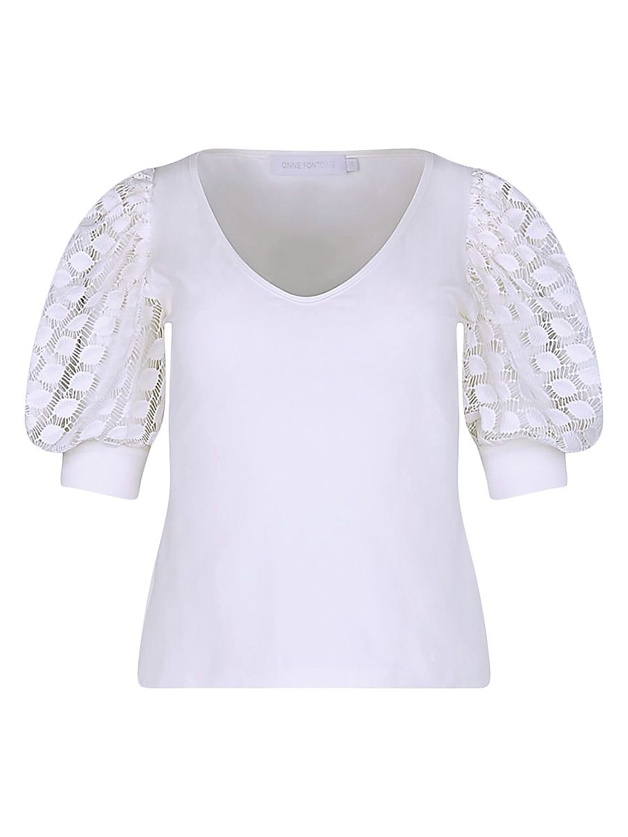 Women's Brook Cotton-Jersey & Lace V-Neck Top - Moon White - Size 4