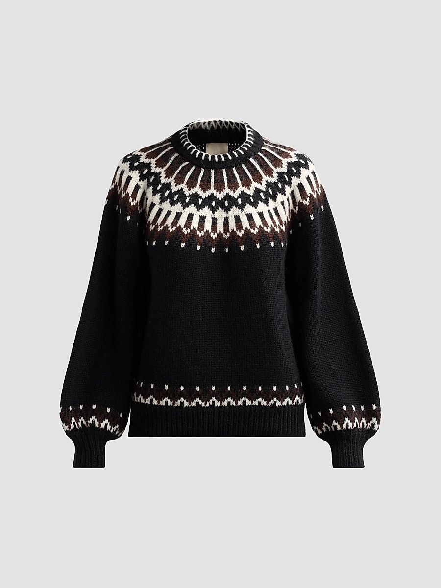 DÔEN Women's Field Fair Isle-Inspired Wool-Blend Crewneck Sweater - Black Aberdeen Fair - Size XS