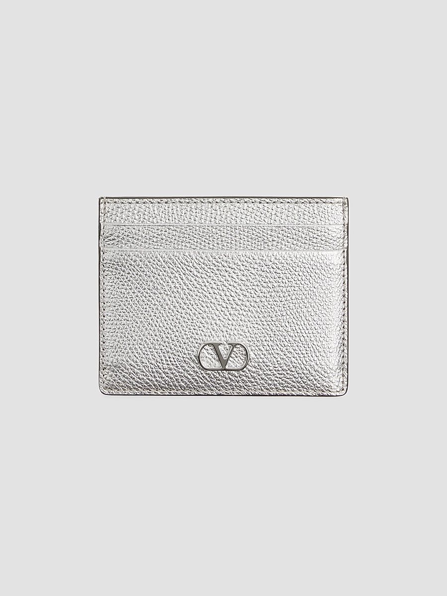 Women's VLogo Signature Cardholder in Laminated Grainy Calfskin - Silver