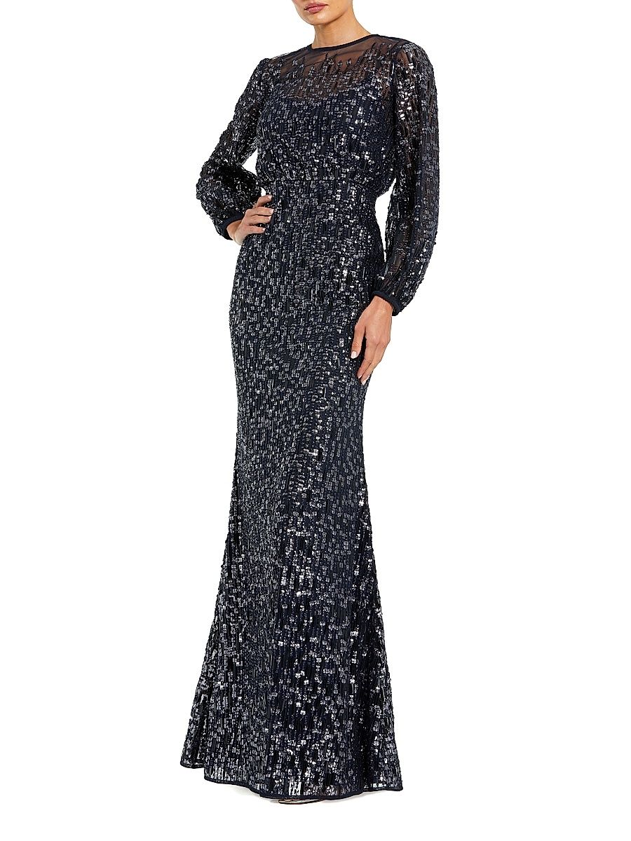 Women's Beaded Mesh Long-Sleeve Blouson Gown - Midnight - Size 18