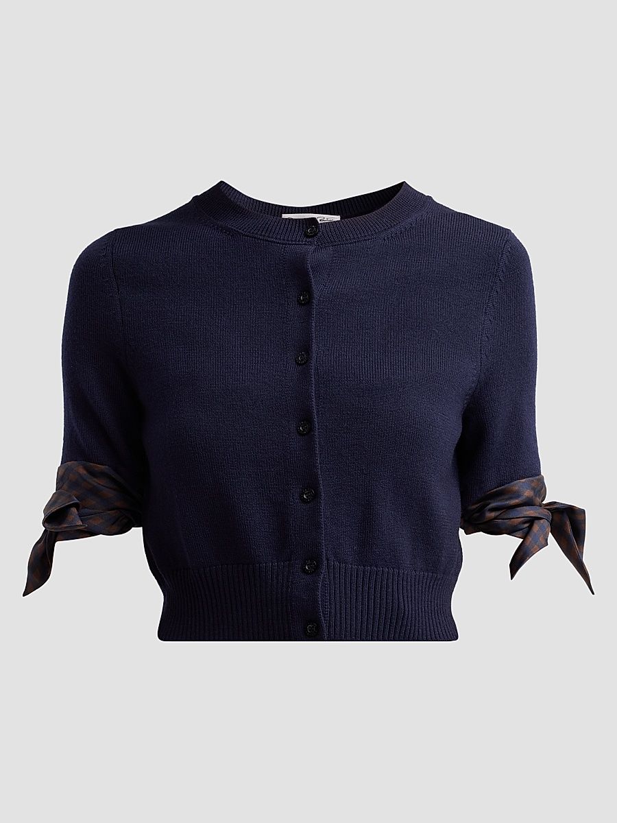 Women's Argyle Tie-Detailed Wool Crop Cardigan - Navy - Size XL