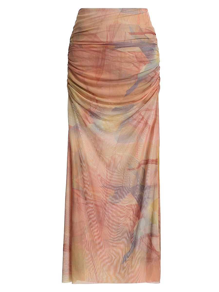 Women's Bruno Ruched Maxi Skirt - Light Blue Dark Brown Print - Size Small