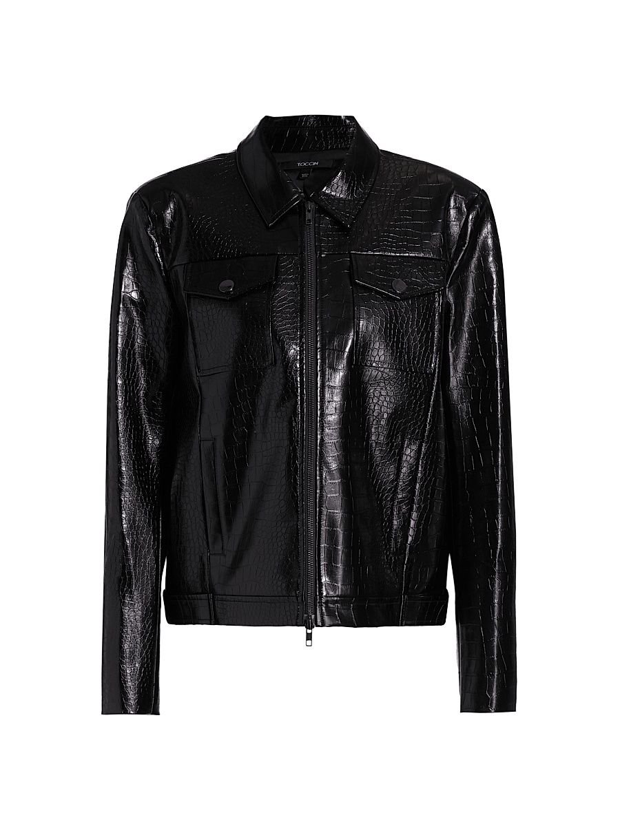 Women's Juno Crocodile-Embossed Faux Leather Moto Jacket - Jet - Size 14