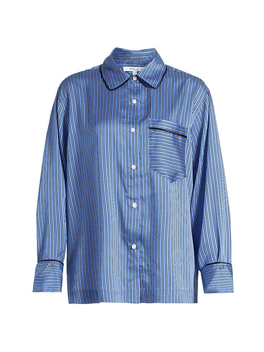 Women's Lorina Border Stripe Satin Shirt - Ultramarine Navy Ecru - Size XL