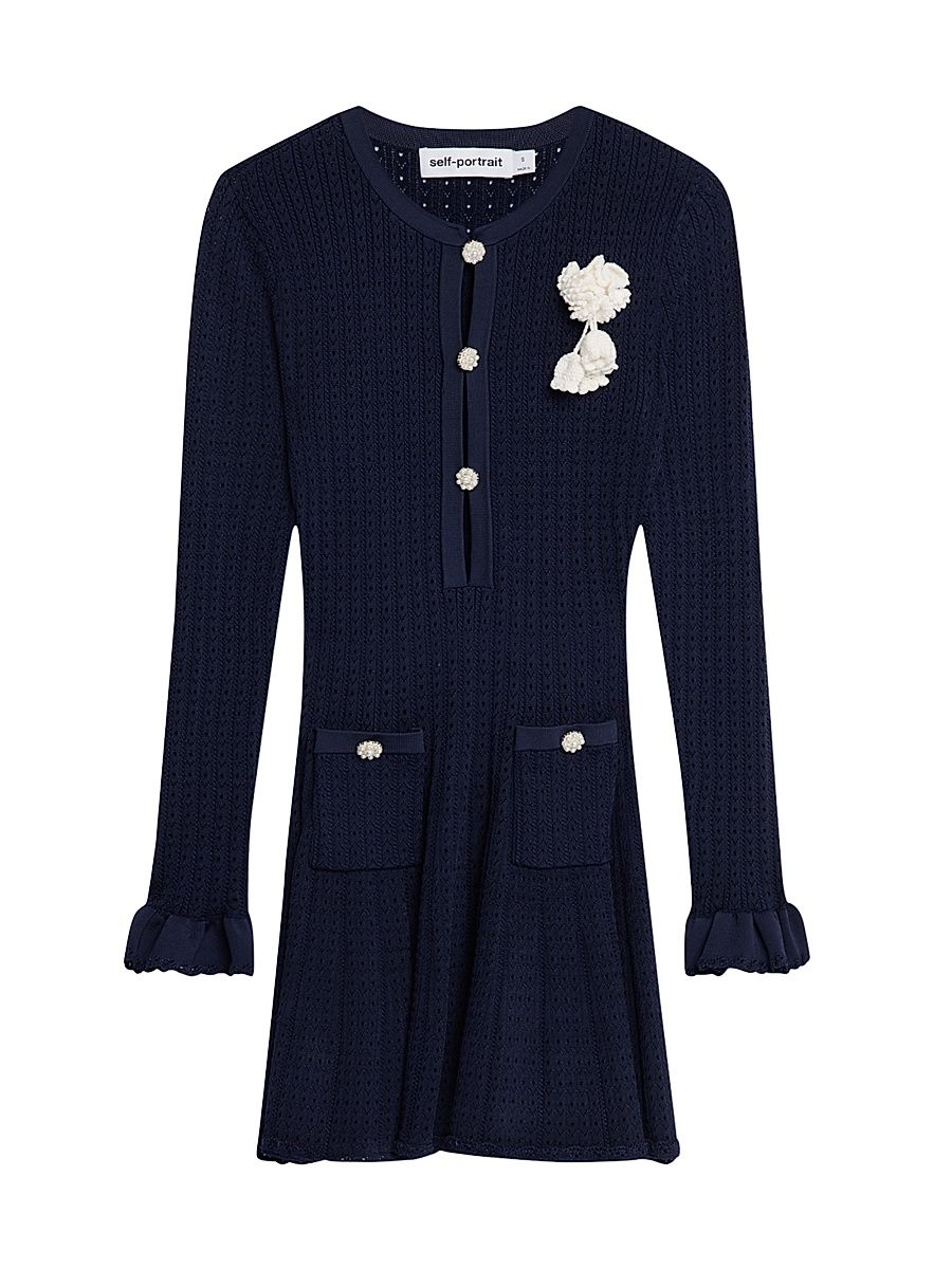 Women's Pointelle-Knit Flower Minidress - Navy - Size Medium