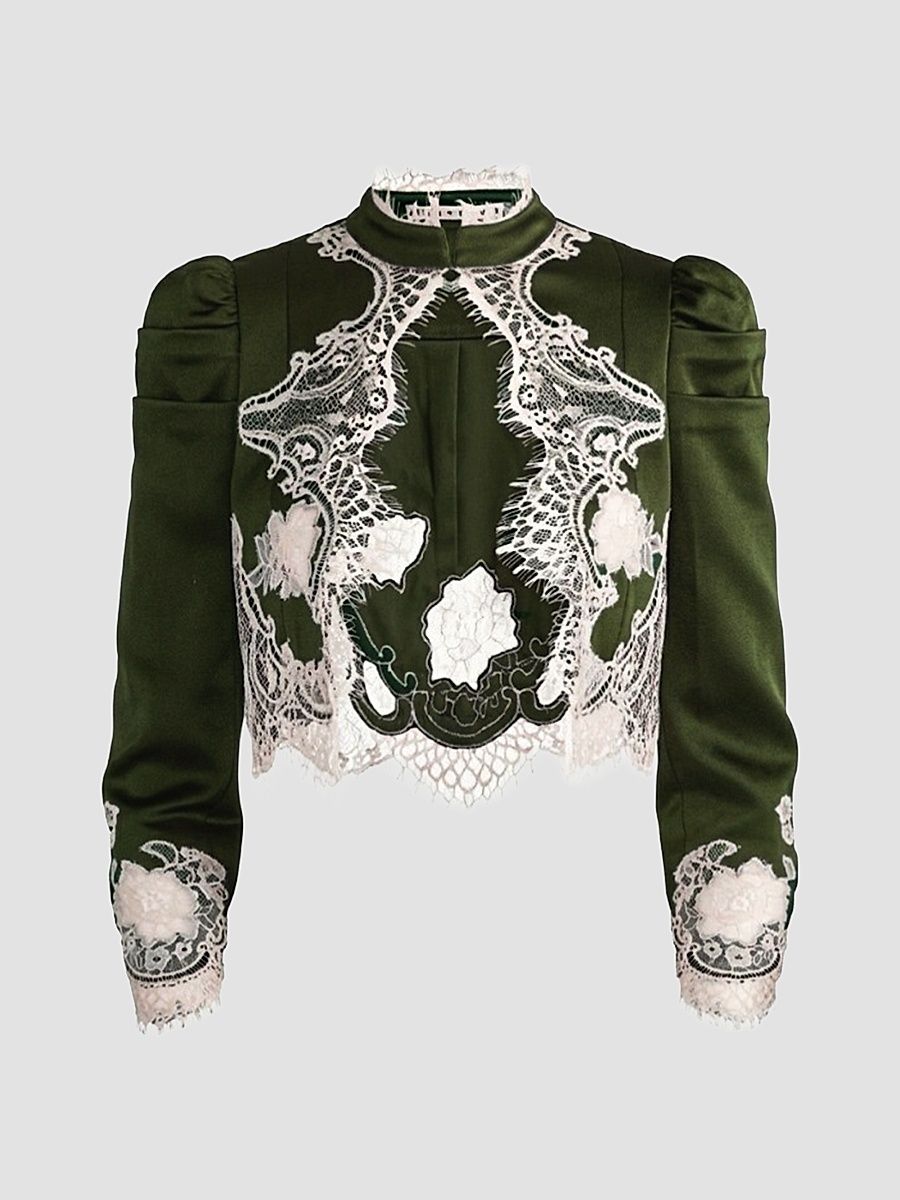 Women's Thomasina Lace-Trim Crop Jacket - Dark Fern - Size Large