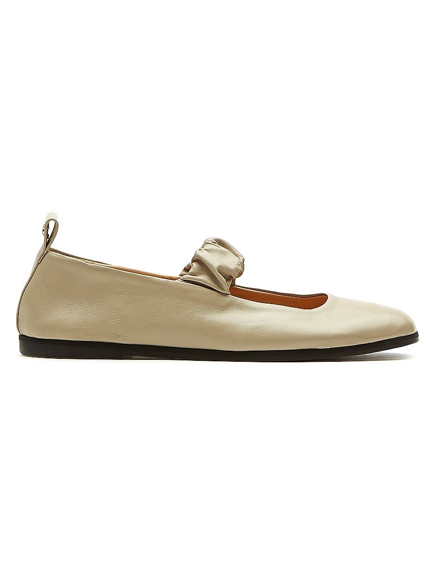 Women's Ruched Strap Leather Mary Janes - Beige - Size 8