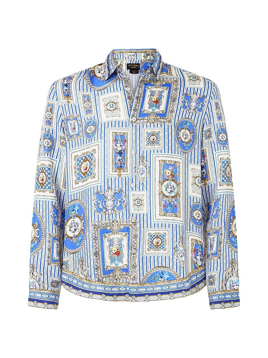 Men's Printed Silk Button-Front Shirt - Ottoman Opulence - Size Medium