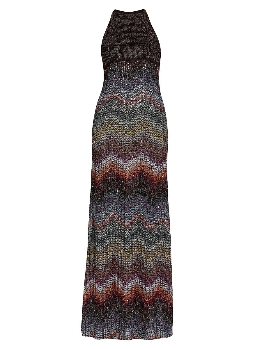 Women's Sequin Wefted Loom Knit Halterneck Gown - Dark Multi - Size 10