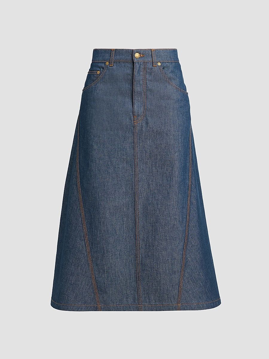 Women's Denim Flared Midi Skirt - Dark Blue - Size 2