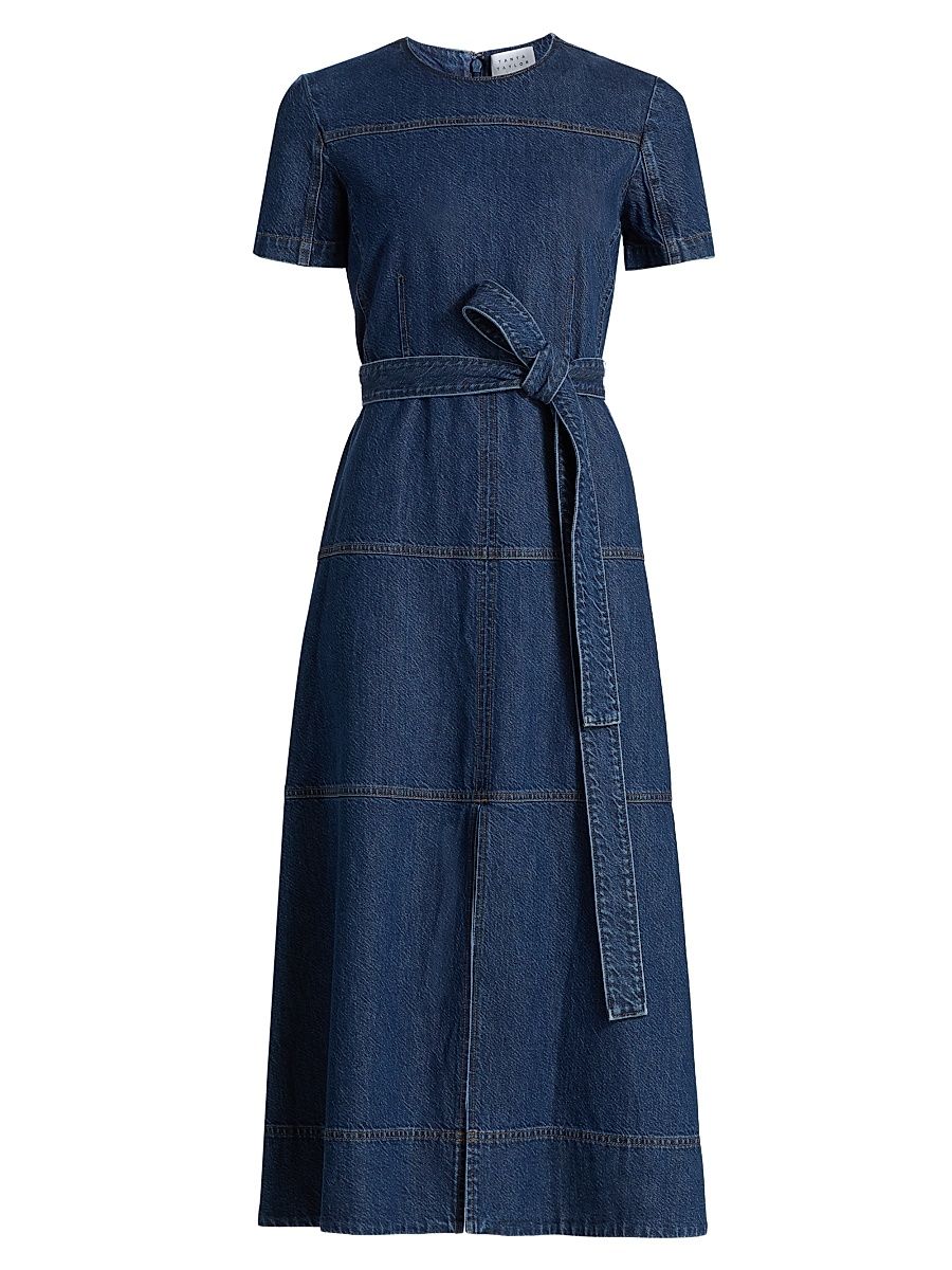 Women's Ella Tie-Waist Denim A-Line Midi-Dress - Classic Indigo Blue - Size 14