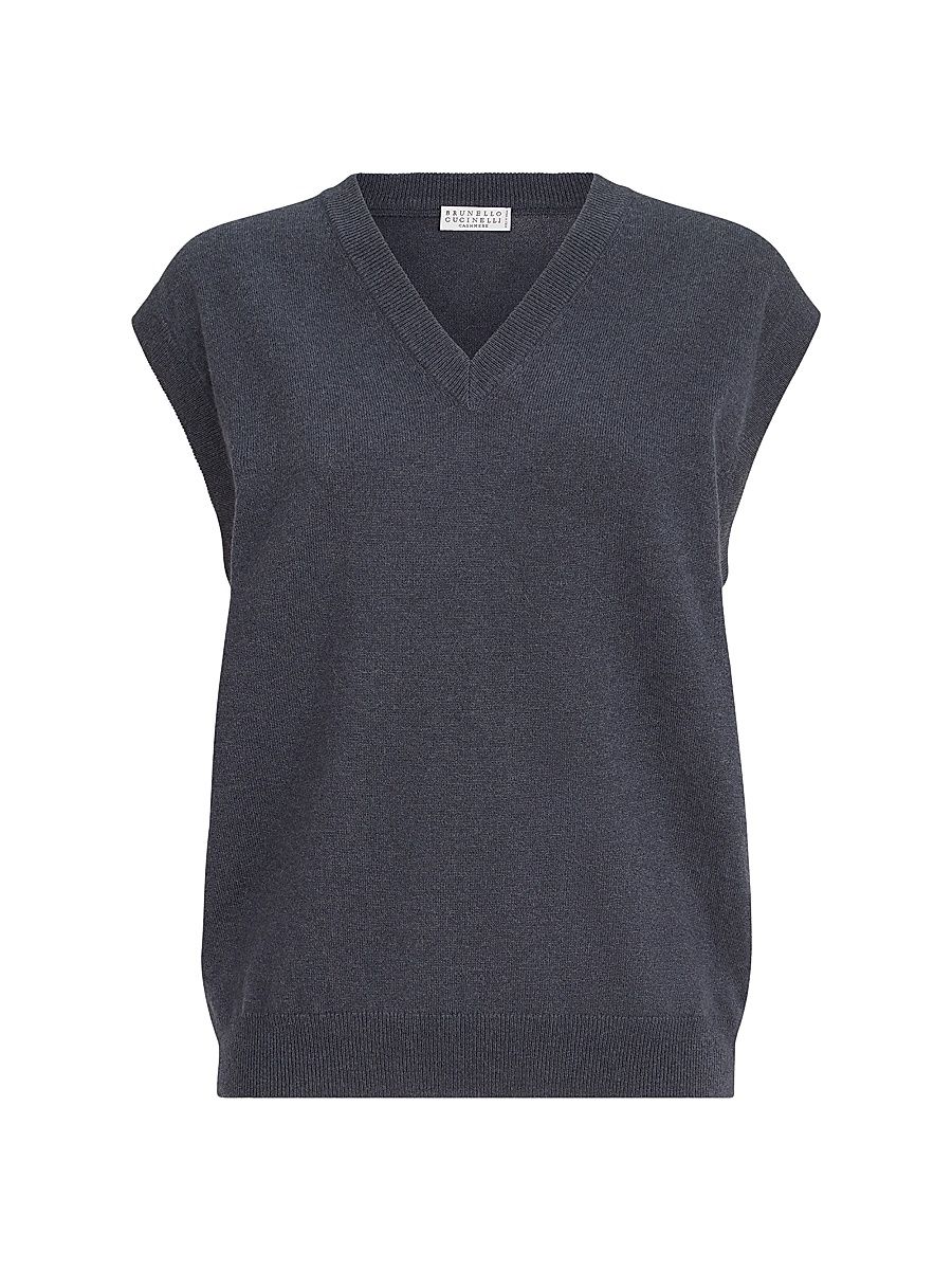 Women's Cashmere Sweater Vest with Monili - Blue - Size XXL