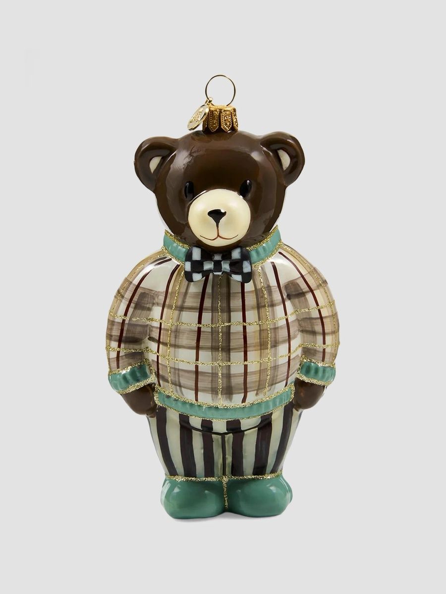 MacKenzie-Childs Natural Noel Mocha Tartan Bear Glass Ornament