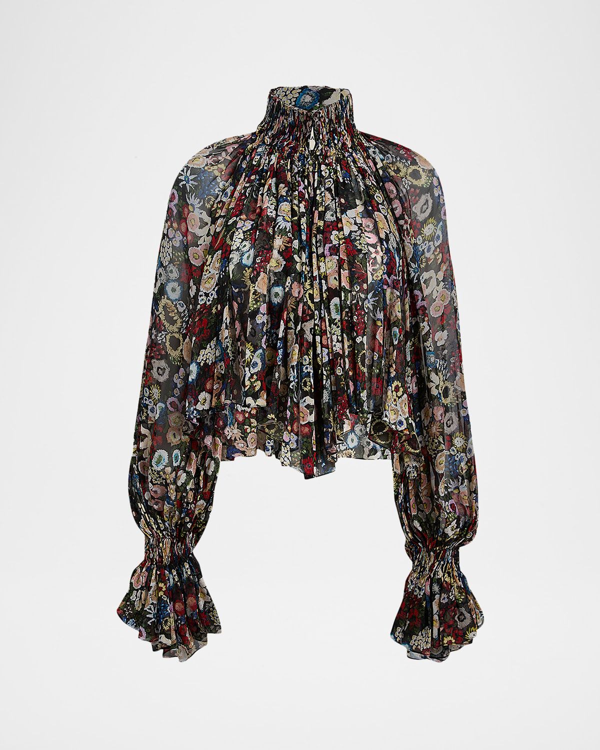 Durer Floral Silk Balloon-Sleeve Peasant Top