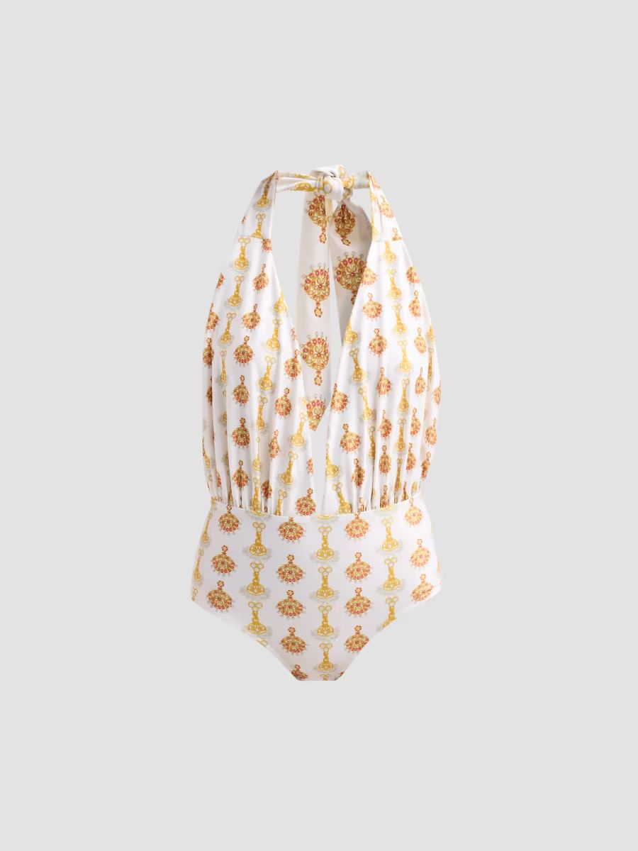 Verandah Women's Bejewelled Plunge One-Piece Swimsuit - Ivory Jewel - Size XS