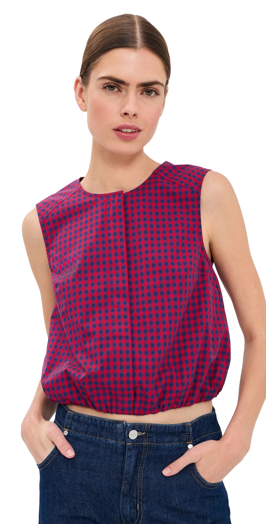 SIMKHAI Sleeveless Button Down Top Scarlet Midnight Gingham XS
