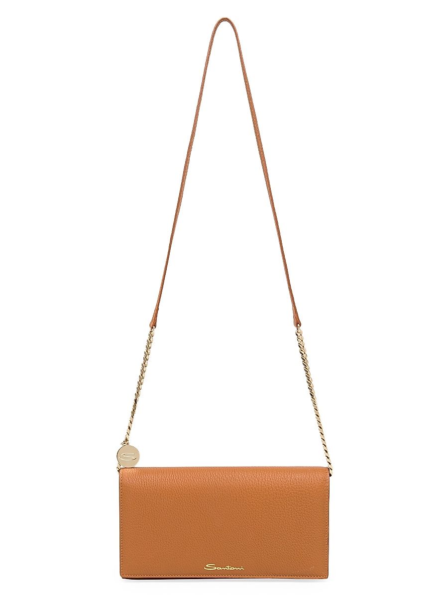 Women's Leather Wallet-On-Chain Crossbody Bag - Light Brown