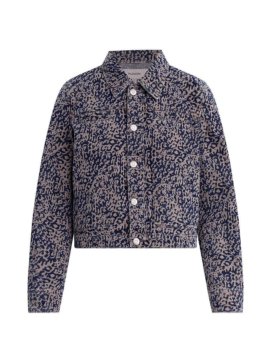 Women's Liza Printed Denim Trucker Jacket - Indigo Leopard - Size XS