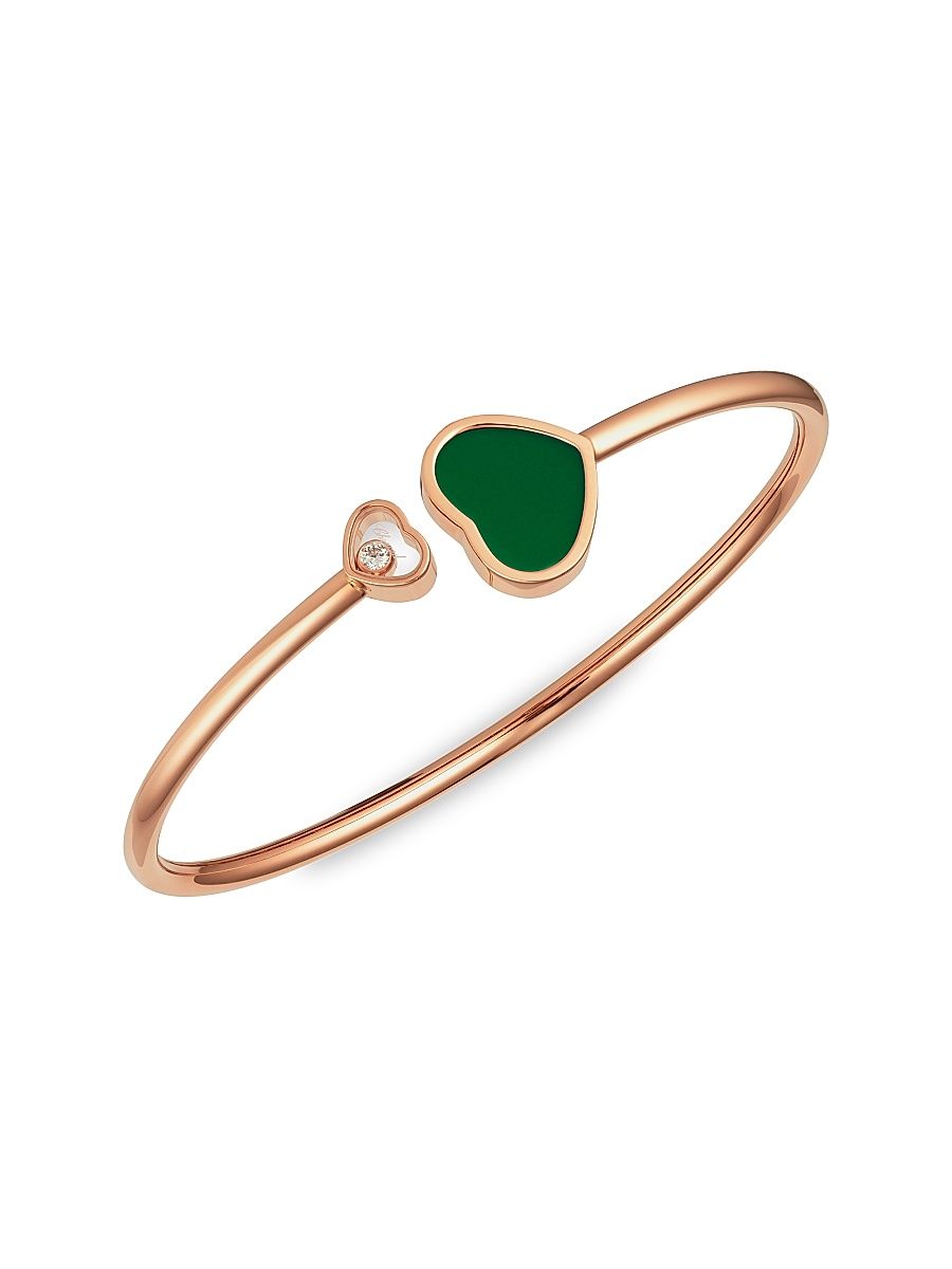 Women's Happy Hearts 18K Rose Gold, Diamond & Green Agate Bangle - Rose Gold - Size Medium