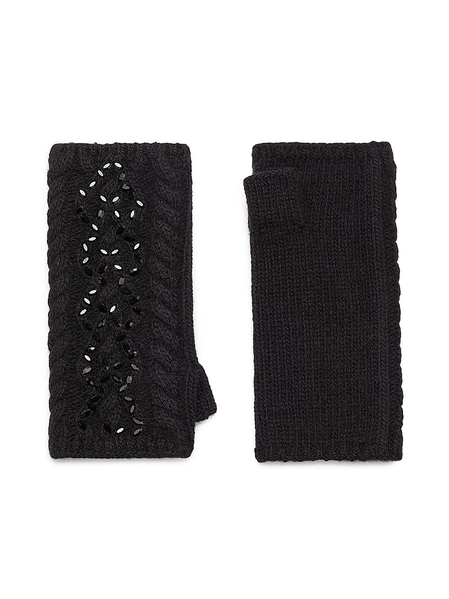 Women's Cable Knit Cashmere Fingerless Gloves - Black