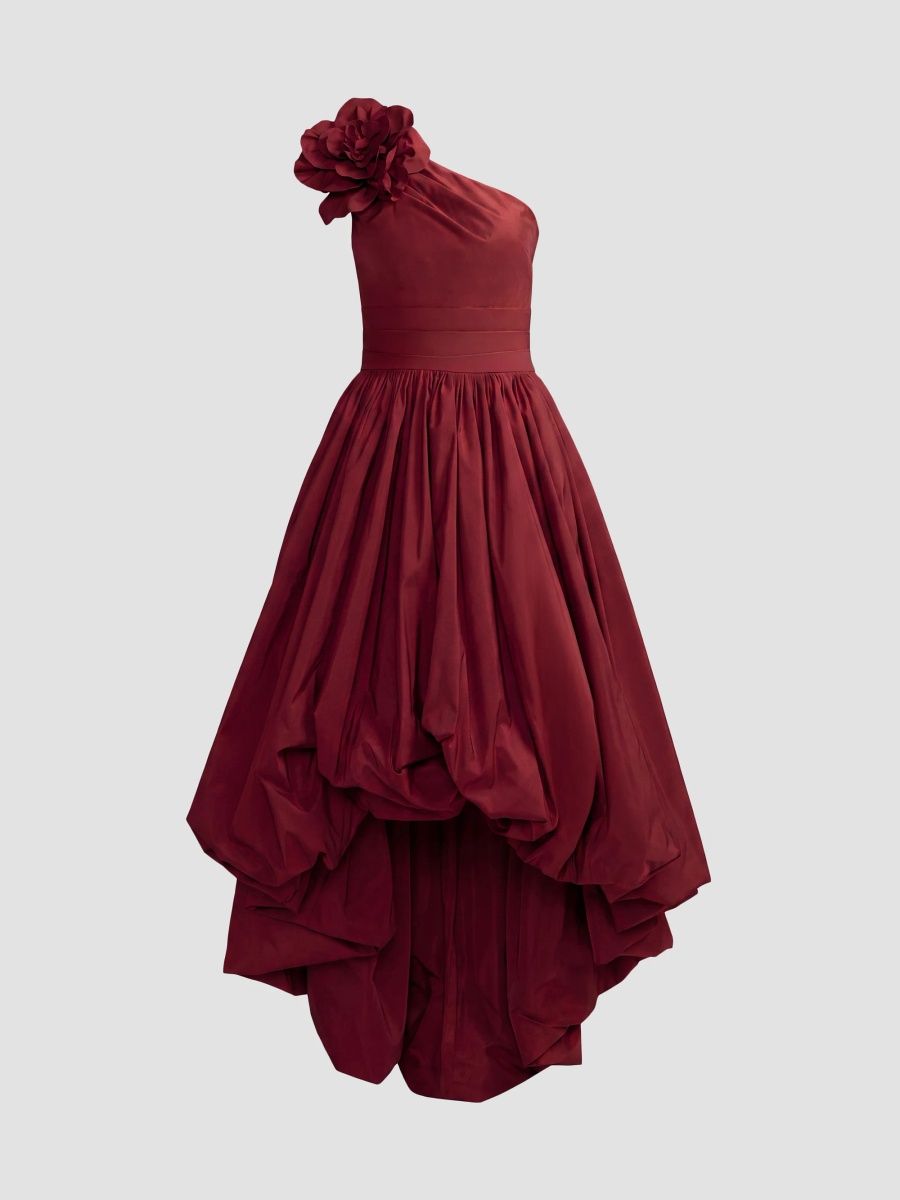Mac Duggal Women's 3D Flower Faille One-Shoulder High-Low Gown - Ruby - Size 14