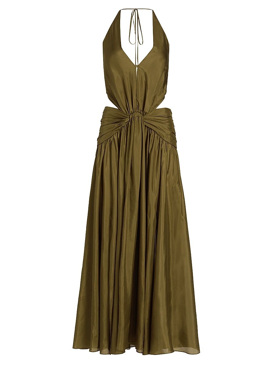 Women's Indra Silk Plunge Halter Maxi Dress - Olive - Size 8