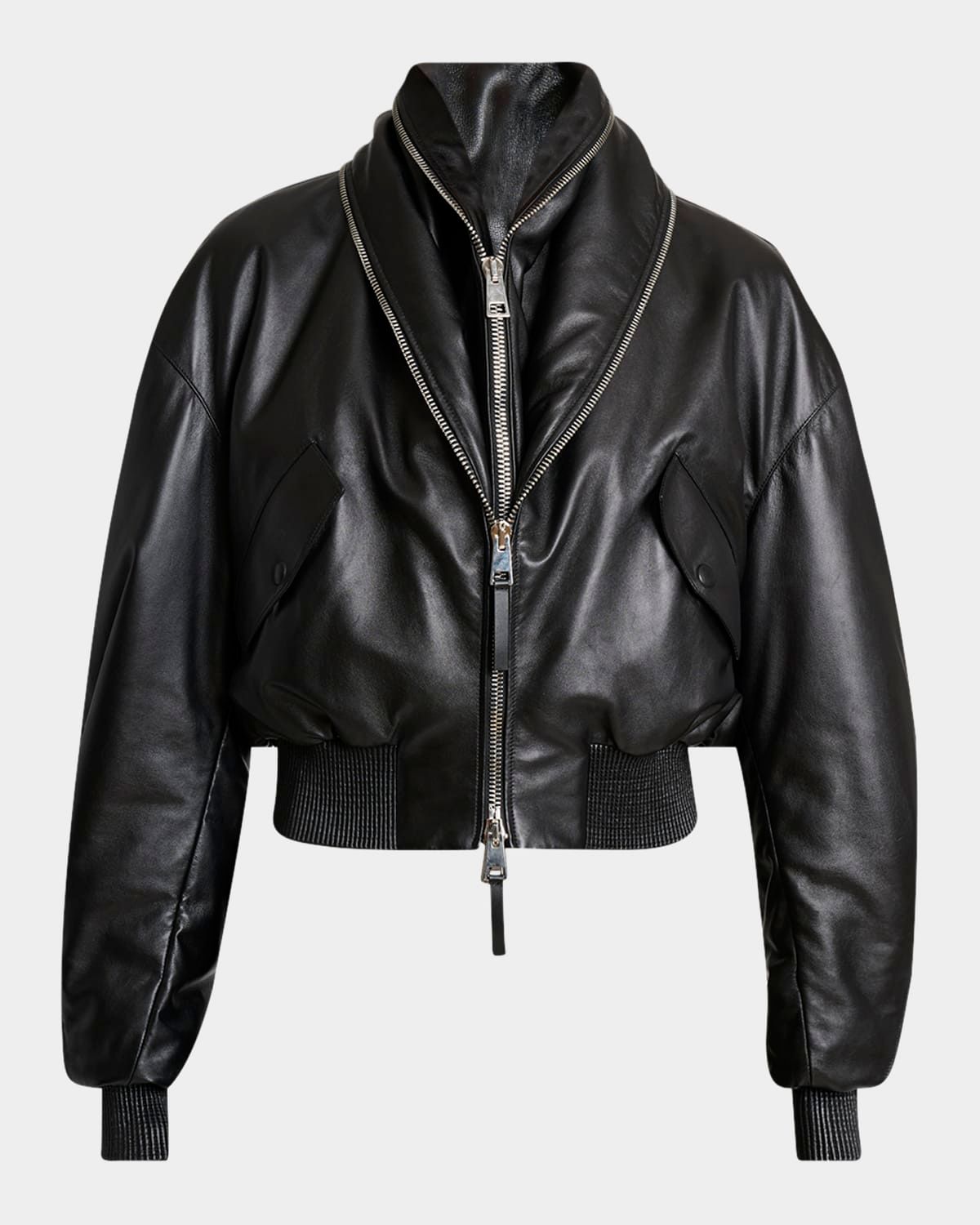 Double Shawl-Collar Leather Crop Bomber Jacket