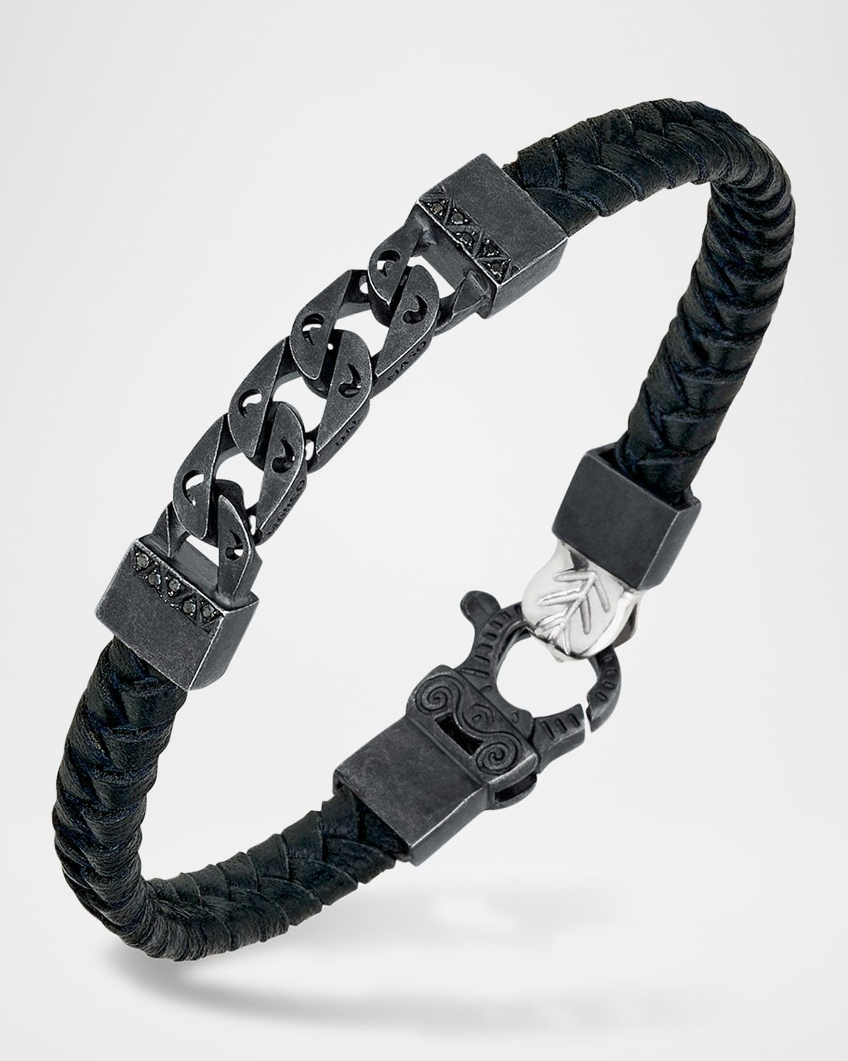 Men & apos;s Flaming Tongue Braided Leather and Silver Bracelet with Black Diamonds