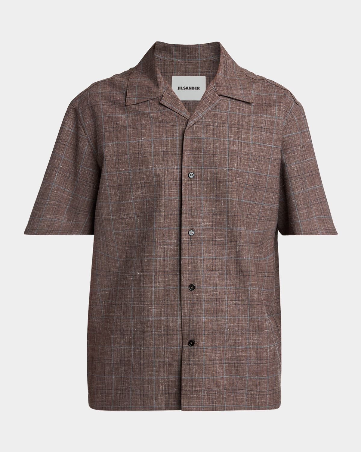 Men & apos;s Wool and Linen Check Short-Sleeve Shirt